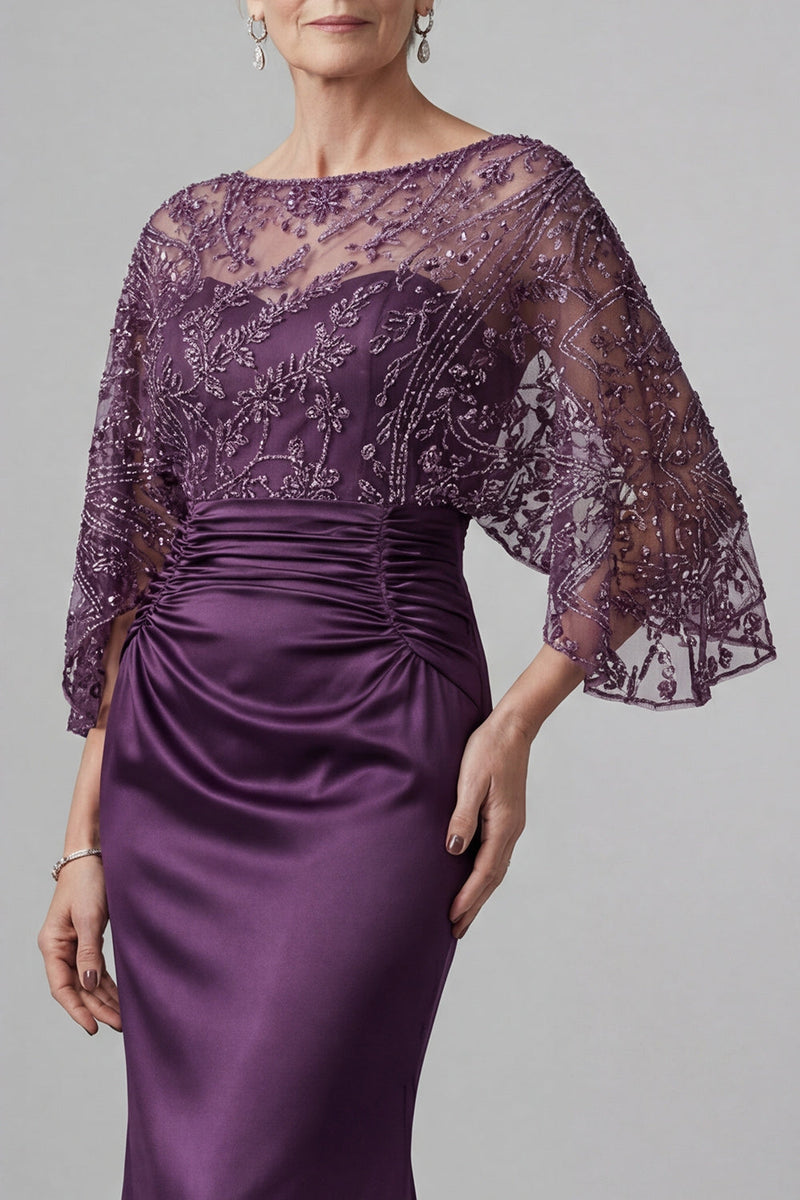 Load image into Gallery viewer, Sparkly Dark Purple Boat Neck Mermaid Beaded Long Mother of the Bride Dress