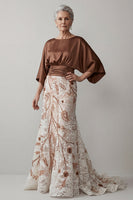 Load image into Gallery viewer, Floral Coffee Boat Neck Lace Ruched Mermaid Long Mother of the Bride Dress