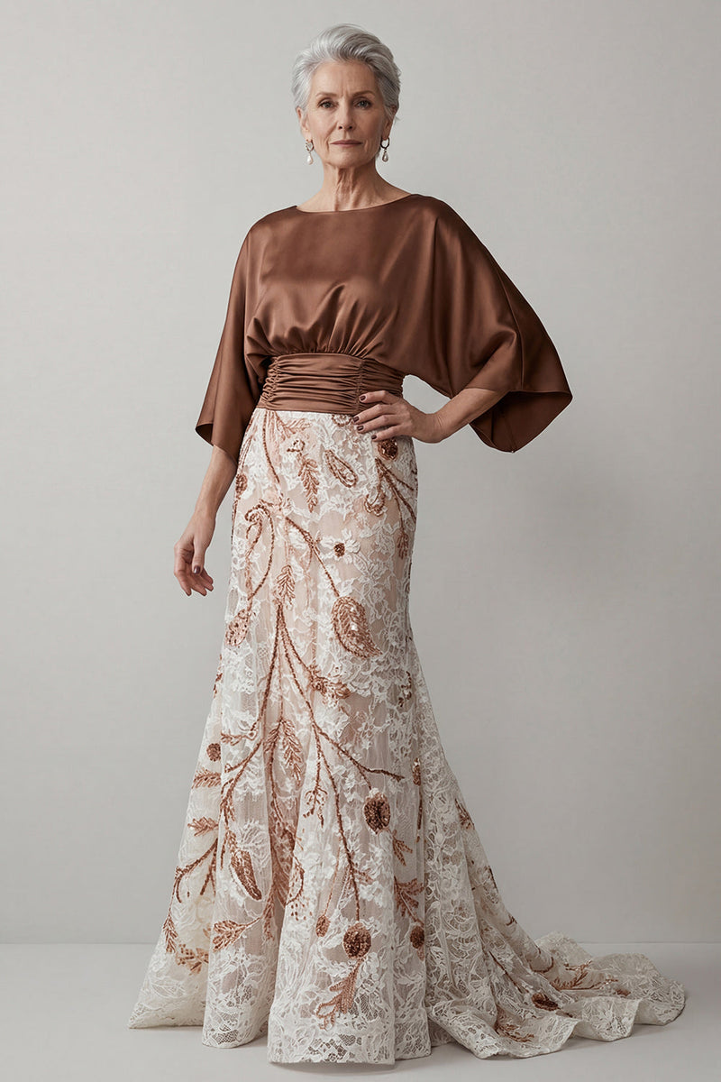 Load image into Gallery viewer, Floral Coffee Boat Neck Lace Ruched Mermaid Long Mother of the Bride Dress