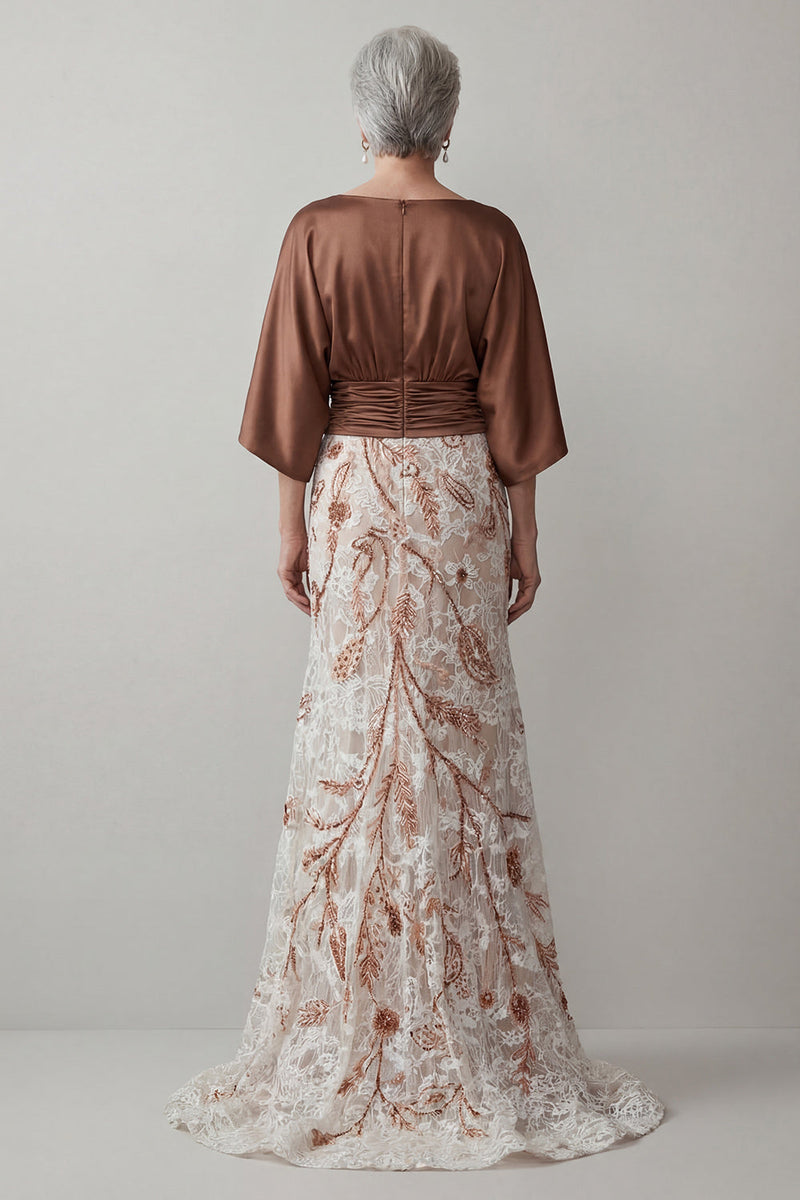 Load image into Gallery viewer, Floral Coffee Boat Neck Lace Ruched Mermaid Long Mother of the Bride Dress