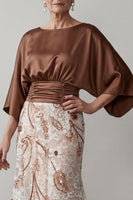 Load image into Gallery viewer, Floral Coffee Boat Neck Lace Ruched Mermaid Long Mother of the Bride Dress