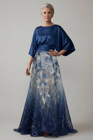Load image into Gallery viewer, Sparkly Navy Beaded A Line Boat Neck Long Ruched Mother of the Bride Dress