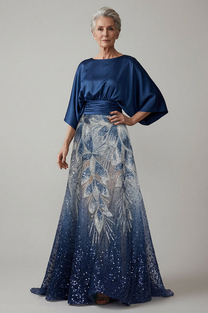 Load image into Gallery viewer, Sparkly Navy Beaded A Line Boat Neck Long Ruched Mother of the Bride Dress