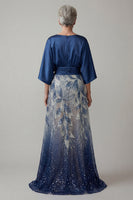Load image into Gallery viewer, Sparkly Navy Beaded A Line Boat Neck Long Ruched Mother of the Bride Dress