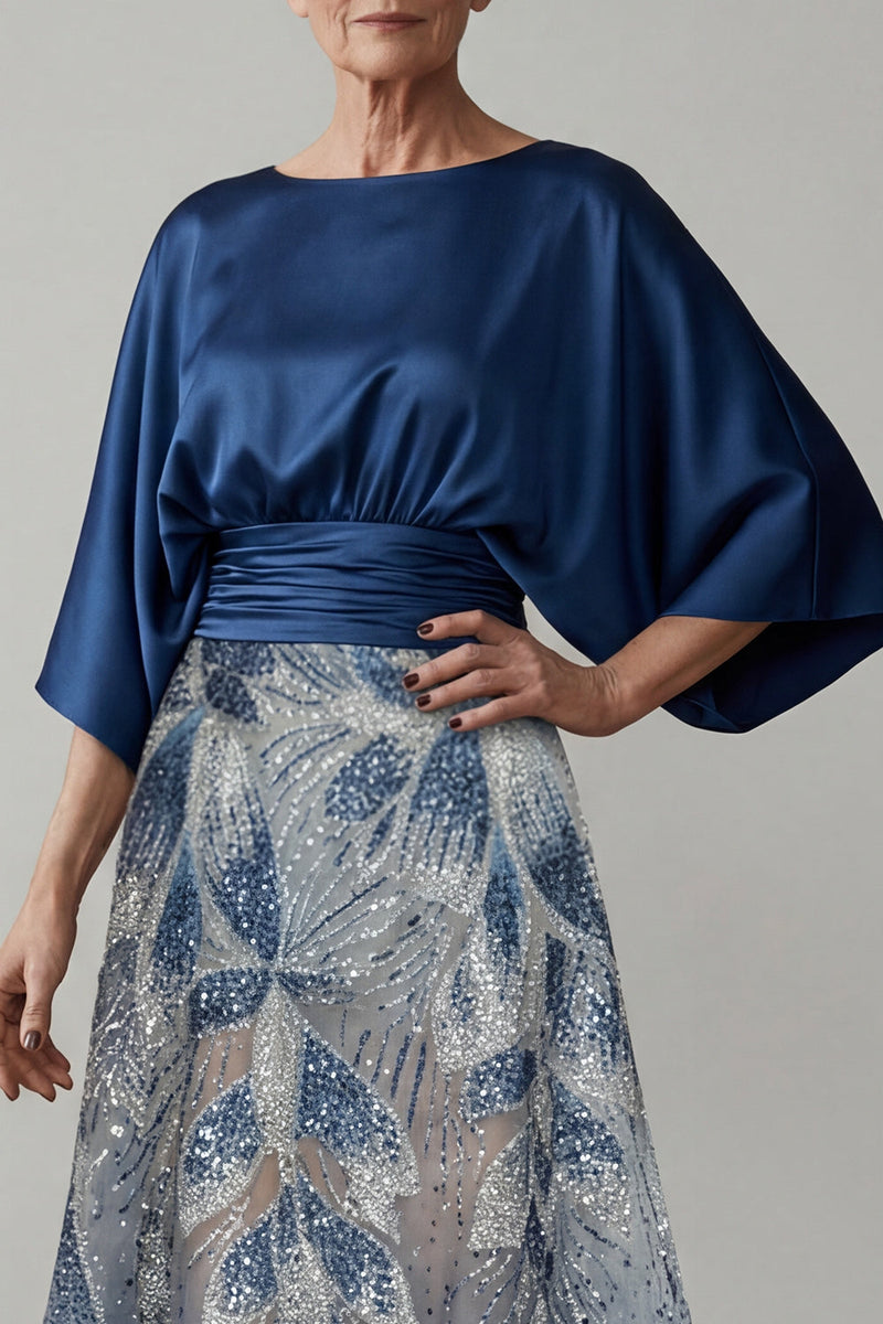 Load image into Gallery viewer, Sparkly Navy Beaded A Line Boat Neck Long Ruched Mother of the Bride Dress