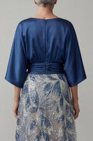 Load image into Gallery viewer, Sparkly Navy Beaded A Line Boat Neck Long Ruched Mother of the Bride Dress