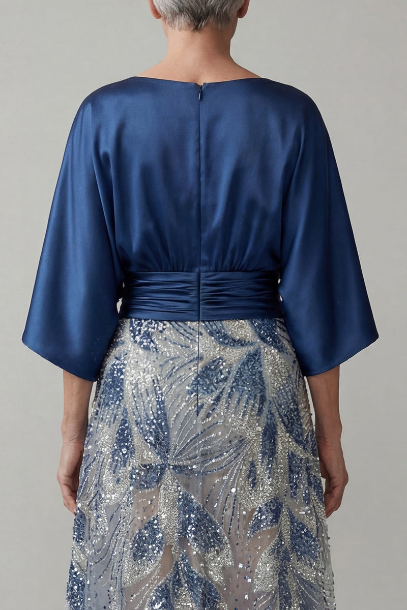 Load image into Gallery viewer, Sparkly Navy Beaded A Line Boat Neck Long Ruched Mother of the Bride Dress