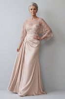 Load image into Gallery viewer, Blush Ruched Boat Neck Mermaid Long Mother of the Bride Dress with Side Cape