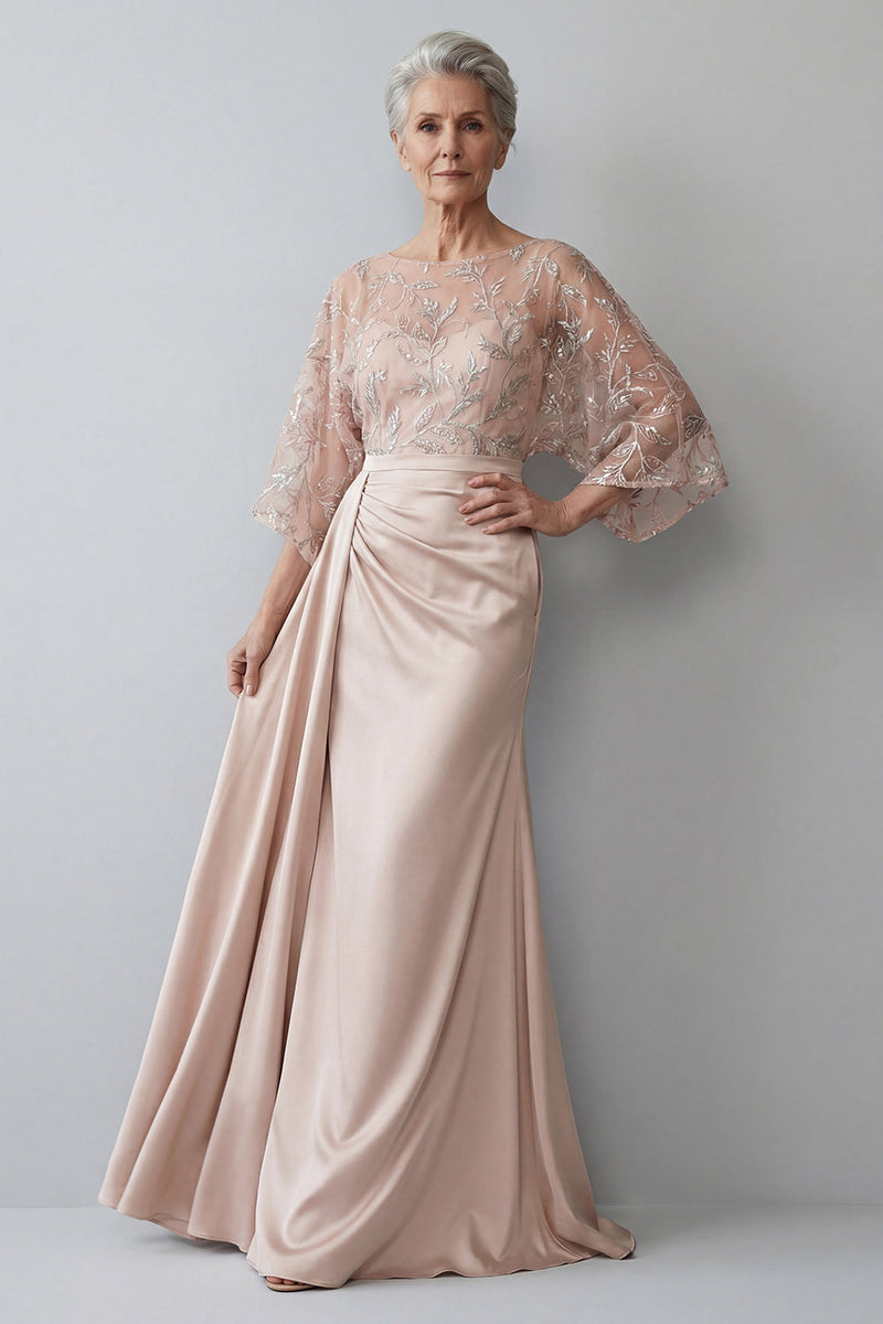 Load image into Gallery viewer, Blush Ruched Boat Neck Mermaid Long Mother of the Bride Dress with Side Cape