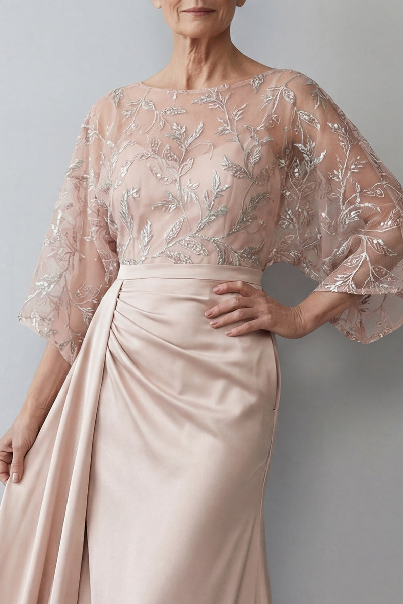 Load image into Gallery viewer, Blush Ruched Boat Neck Mermaid Long Mother of the Bride Dress with Side Cape