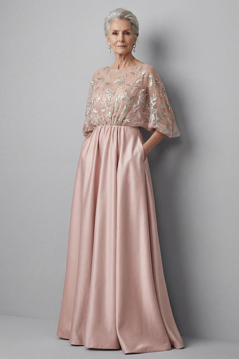Load image into Gallery viewer, Blush Boat Neck A Line Ruched Floral Long Mother of the Bride Dress with Pockets