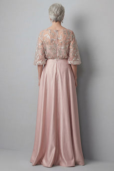 Blush Boat Neck A Line Ruched Floral Long Mother of the Bride Dress with Pockets