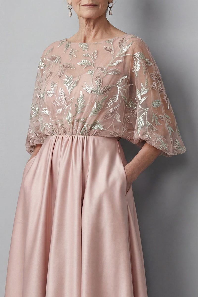 Load image into Gallery viewer, Blush Boat Neck A Line Ruched Floral Long Mother of the Bride Dress with Pockets