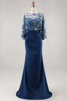 Load image into Gallery viewer, Sparkly Floral Navy Sequin Mermaid Ruched Long Mother of the Bride Dress