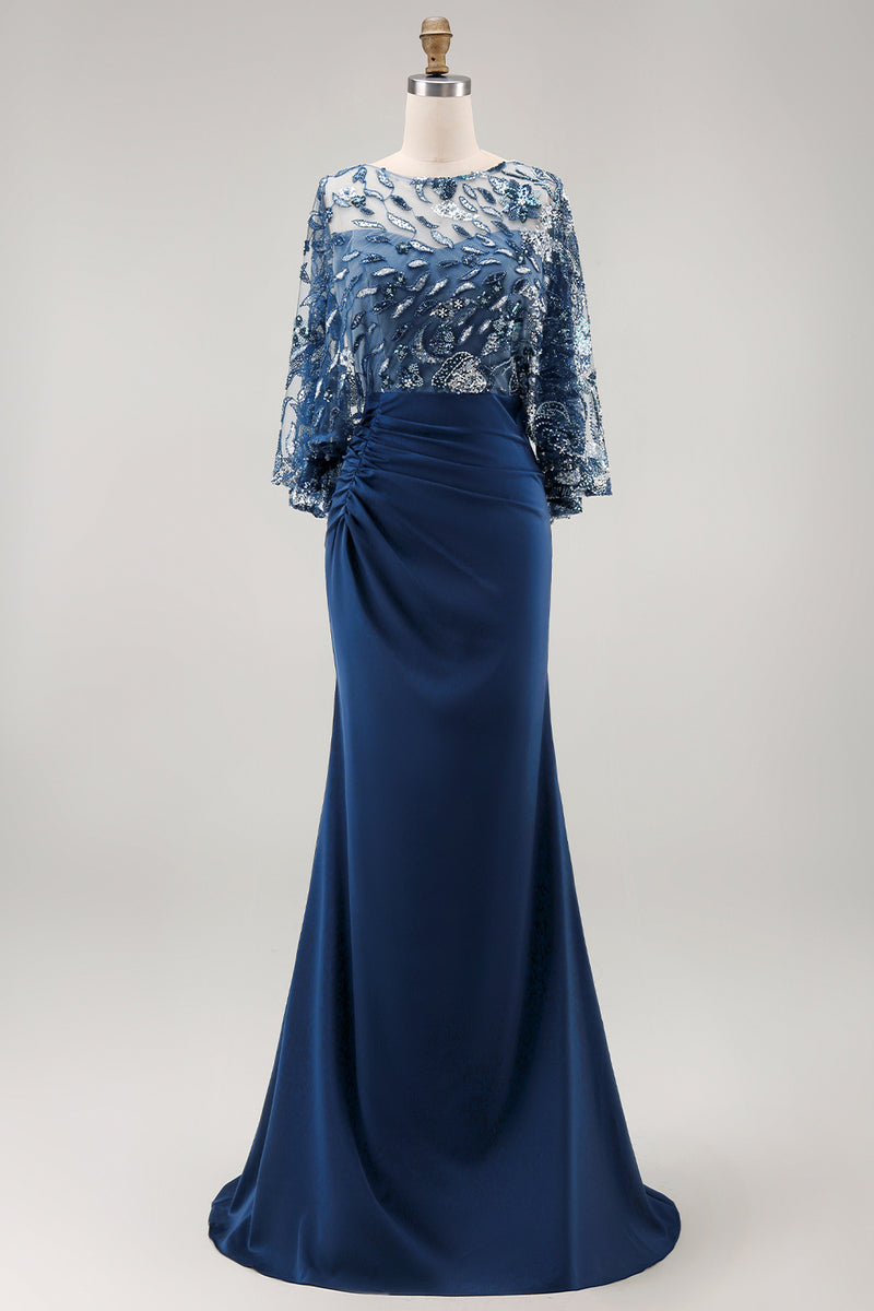 Load image into Gallery viewer, Sparkly Floral Navy Sequin Mermaid Ruched Long Mother of the Bride Dress