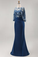 Load image into Gallery viewer, Sparkly Floral Navy Sequin Mermaid Ruched Long Mother of the Bride Dress