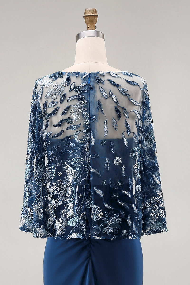 Load image into Gallery viewer, Sparkly Floral Navy Sequin Mermaid Ruched Long Mother of the Bride Dress