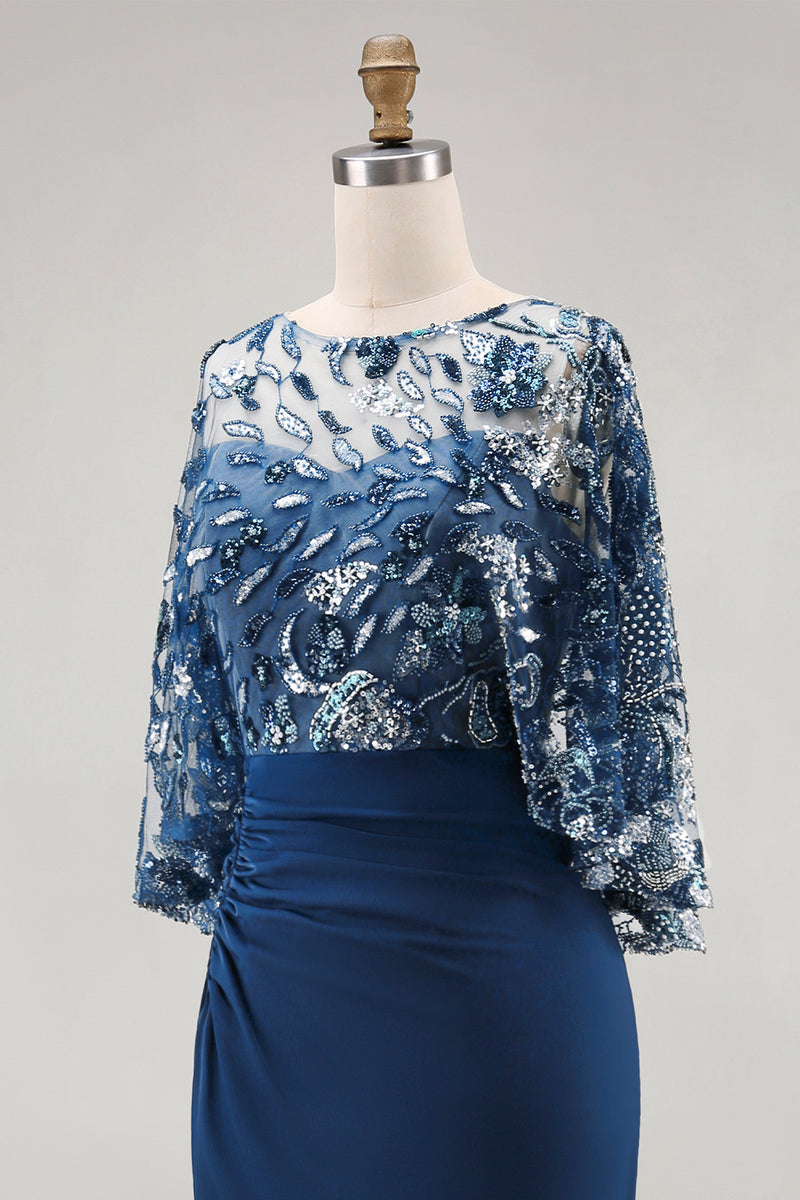 Load image into Gallery viewer, Sparkly Floral Navy Sequin Mermaid Ruched Long Mother of the Bride Dress