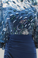 Load image into Gallery viewer, Sparkly Floral Navy Sequin Mermaid Ruched Long Mother of the Bride Dress