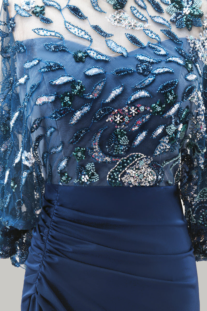Load image into Gallery viewer, Sparkly Floral Navy Sequin Mermaid Ruched Long Mother of the Bride Dress