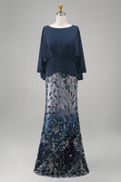 Load image into Gallery viewer, Sparkly Navy Sequin Mermaid Long Floral Mother of the Bride Dress