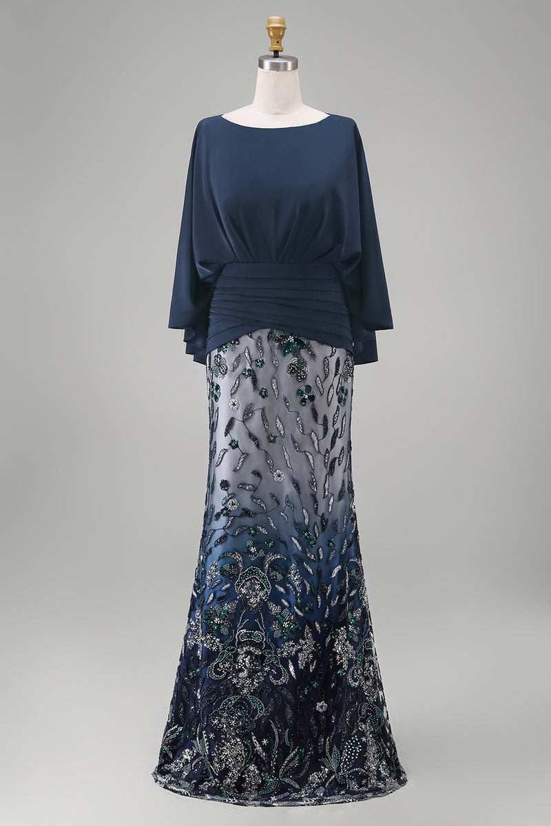 Load image into Gallery viewer, Sparkly Navy Sequin Mermaid Long Floral Mother of the Bride Dress