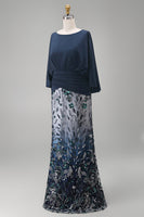 Load image into Gallery viewer, Sparkly Navy Sequin Mermaid Long Floral Mother of the Bride Dress