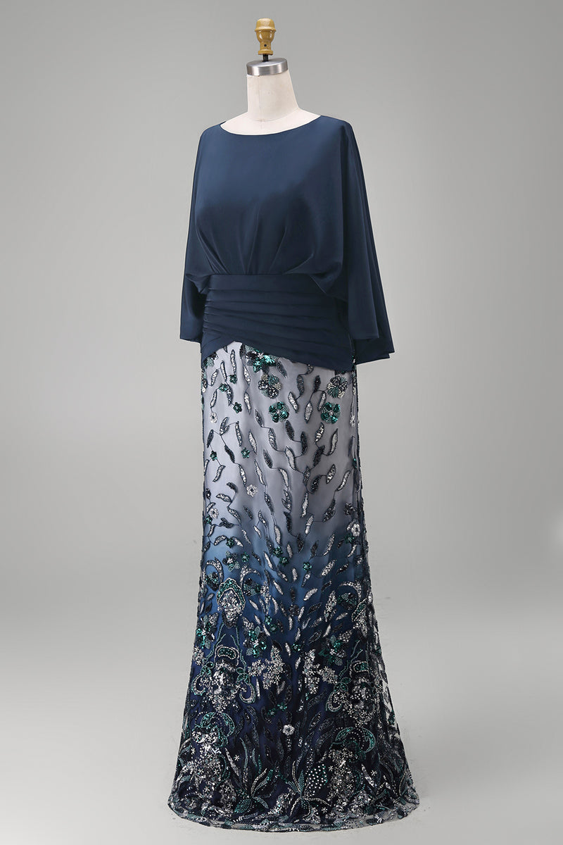 Load image into Gallery viewer, Sparkly Navy Sequin Mermaid Long Floral Mother of the Bride Dress