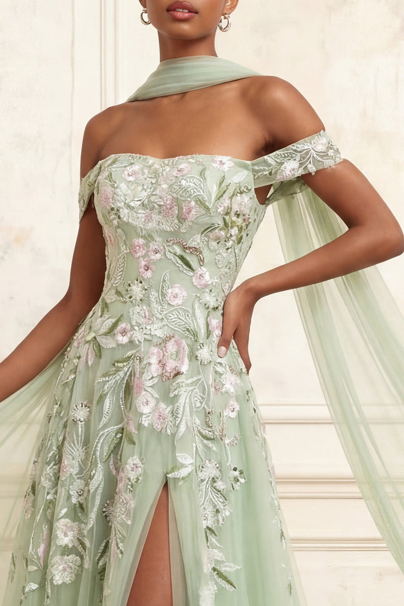 Load image into Gallery viewer, Dusty Sage Neck Scarf A Line Floral Long Formal Dress with Slit