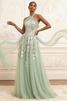 Load image into Gallery viewer, Dusty Sage Floral Halter Long A Line Formal Dress with Cape