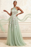 Dusty Sage Floral Halter Long A Line Formal Dress with Cape