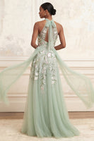 Load image into Gallery viewer, Dusty Sage Floral Halter Long A Line Formal Dress with Cape