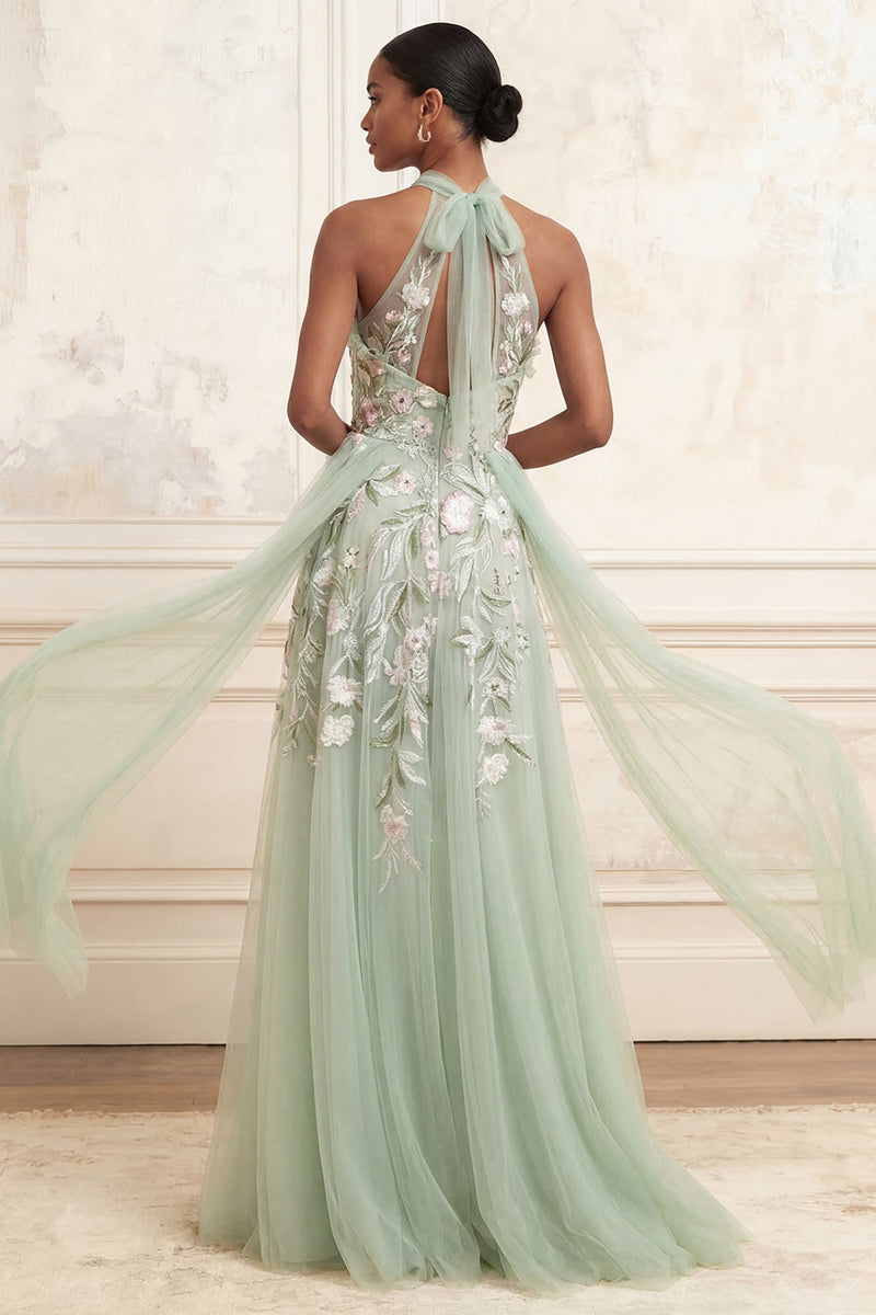 Load image into Gallery viewer, Dusty Sage Floral Halter Long A Line Formal Dress with Cape