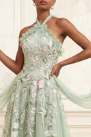 Load image into Gallery viewer, Dusty Sage Floral Halter Long A Line Formal Dress with Cape
