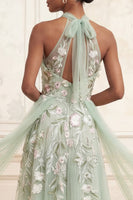 Load image into Gallery viewer, Dusty Sage Floral Halter Long A Line Formal Dress with Cape