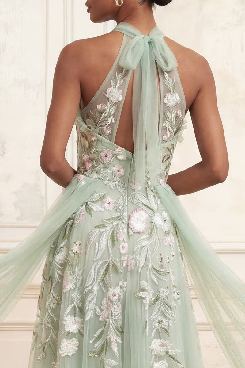 Load image into Gallery viewer, Dusty Sage Floral Halter Long A Line Formal Dress with Cape