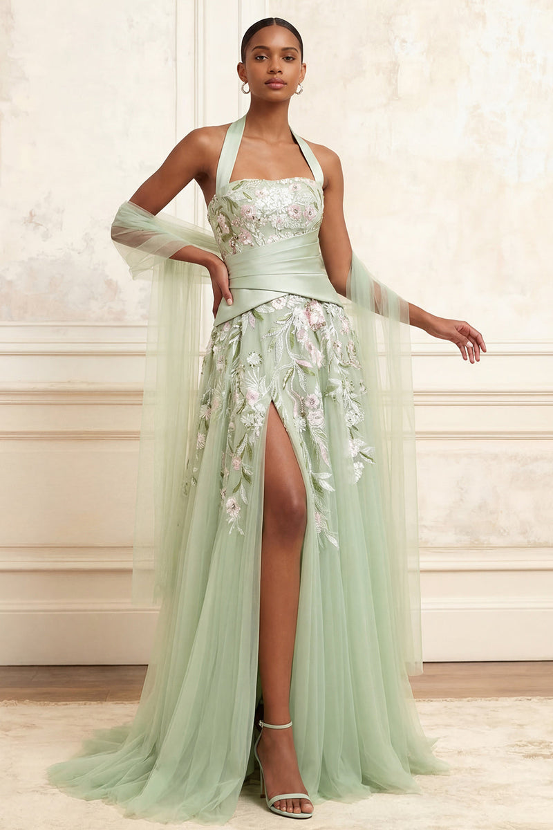 Load image into Gallery viewer, Floral Dusty Sage Halter Ruched A Line Long Formal Dress with Shawl