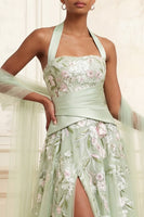 Load image into Gallery viewer, Floral Dusty Sage Halter Ruched A Line Long Formal Dress with Shawl