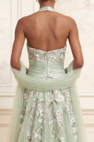 Load image into Gallery viewer, Floral Dusty Sage Halter Ruched A Line Long Formal Dress with Shawl