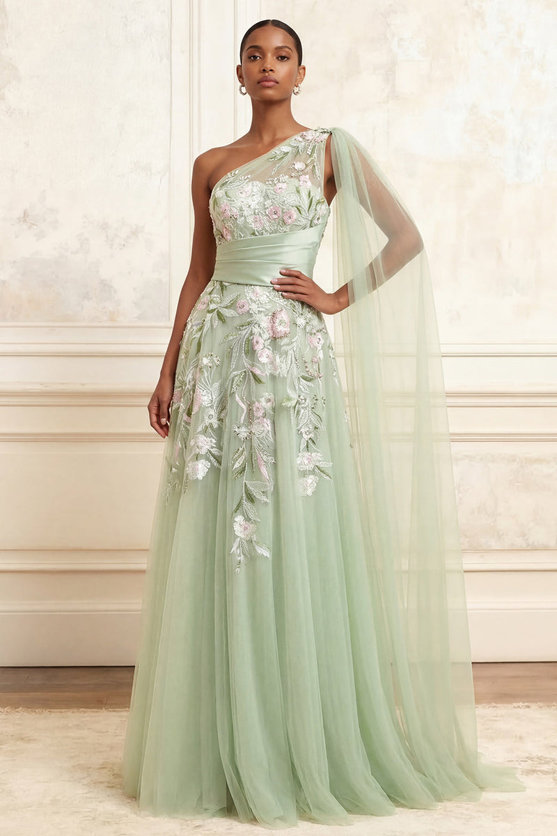 Load image into Gallery viewer, Floral Dusty Sage Ruched A Line Long Formal Dress with Side Cape