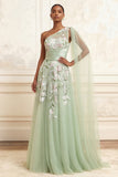Floral Dusty Sage Ruched A Line Long Formal Dress with Side Cape