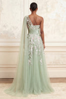 Load image into Gallery viewer, Floral Dusty Sage Ruched A Line Long Formal Dress with Side Cape