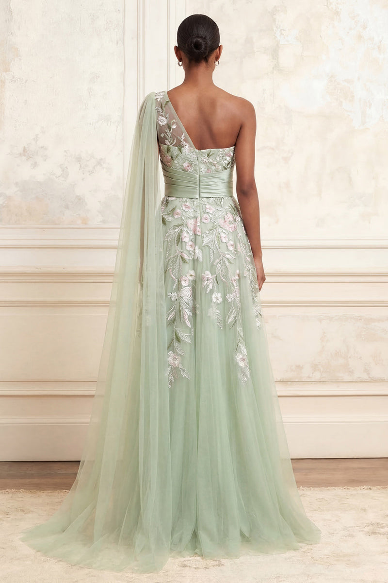 Load image into Gallery viewer, Floral Dusty Sage Ruched A Line Long Formal Dress with Side Cape