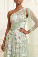 Load image into Gallery viewer, Floral Dusty Sage Ruched A Line Long Formal Dress with Side Cape