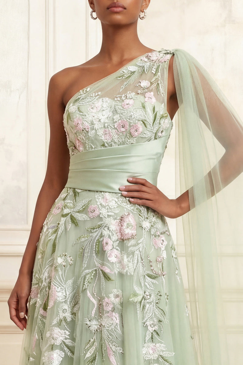 Load image into Gallery viewer, Floral Dusty Sage Ruched A Line Long Formal Dress with Side Cape