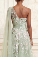 Load image into Gallery viewer, Floral Dusty Sage Ruched A Line Long Formal Dress with Side Cape