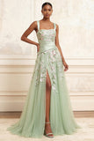 Dusty Sage Square Neck Ruched A Line Floral Long Formal Dress with Slit