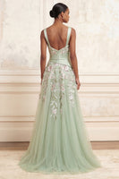 Load image into Gallery viewer, Dusty Sage Square Neck Ruched A Line Floral Long Formal Dress with Slit