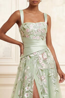 Load image into Gallery viewer, Dusty Sage Square Neck Ruched A Line Floral Long Formal Dress with Slit