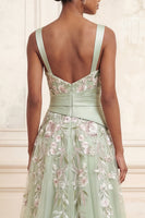 Load image into Gallery viewer, Dusty Sage Square Neck Ruched A Line Floral Long Formal Dress with Slit